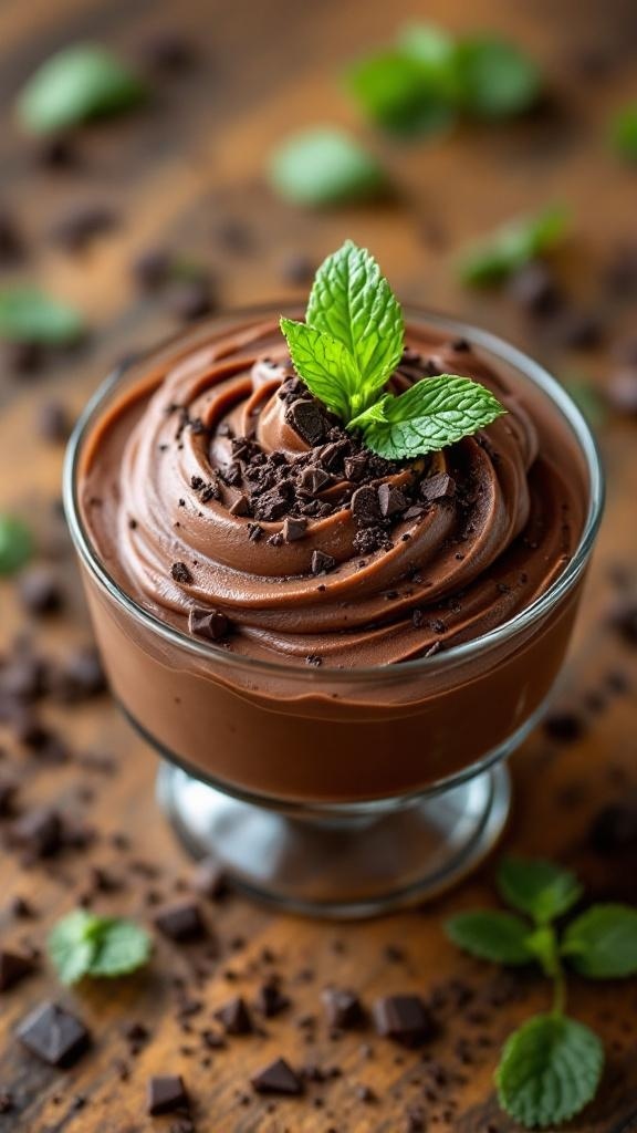 A bowl of chocolate avocado mousse topped with mint leaves and chocolate shavings.