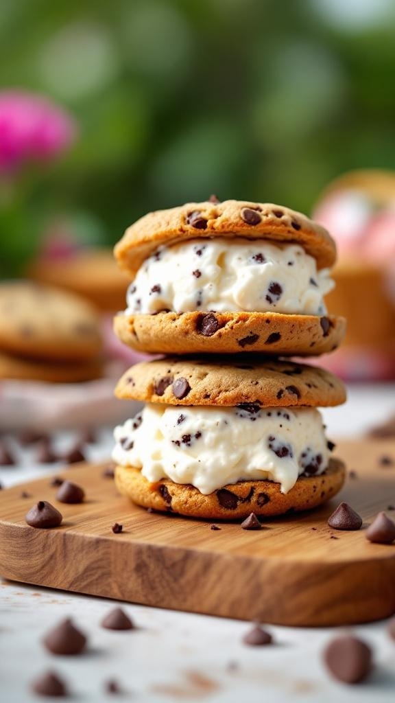 Chocolate chip cookie ice cream sandwiches stacked on a wooden board
