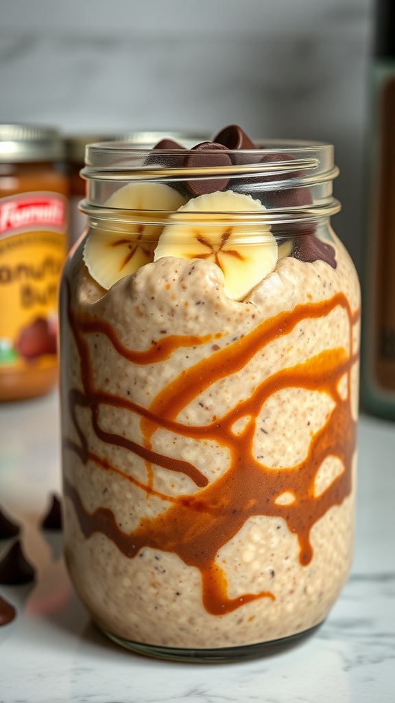 A jar of chocolate peanut butter overnight oats topped with banana slices and chocolate drizzle.