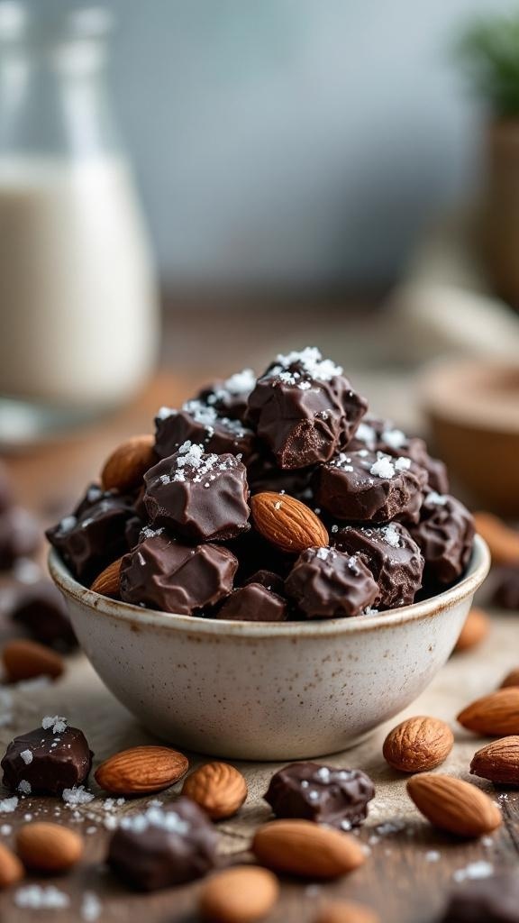 A bowl of dark chocolate almond clusters sprinkled with sea salt, surrounded by whole almonds.