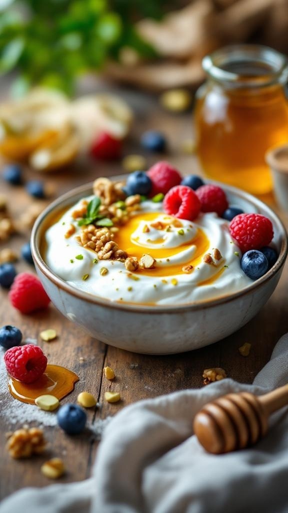 A bowl of Greek yogurt topped with honey, nuts, and fresh berries on a wooden table.