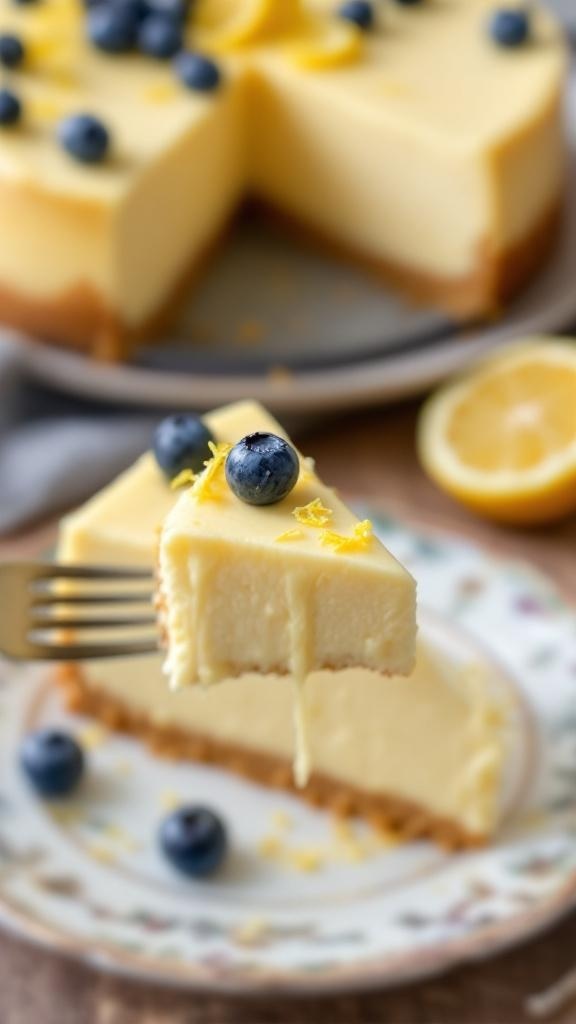 A slice of lemon cheesecake with blueberries on top, showcasing a graham cracker crust.