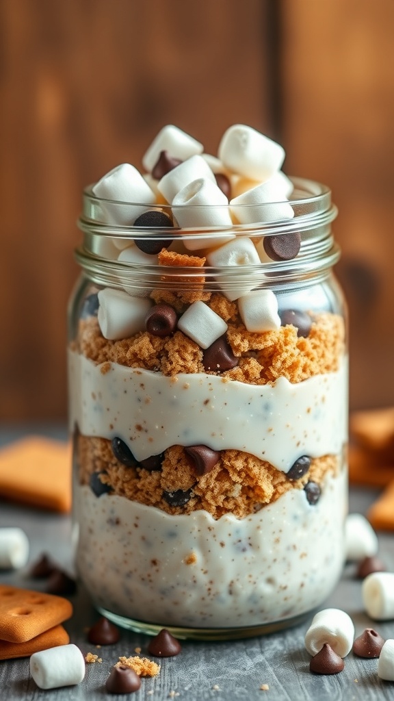 A jar of S'mores Overnight Oats layered with chocolate chips, graham cracker crumbs, and marshmallows.