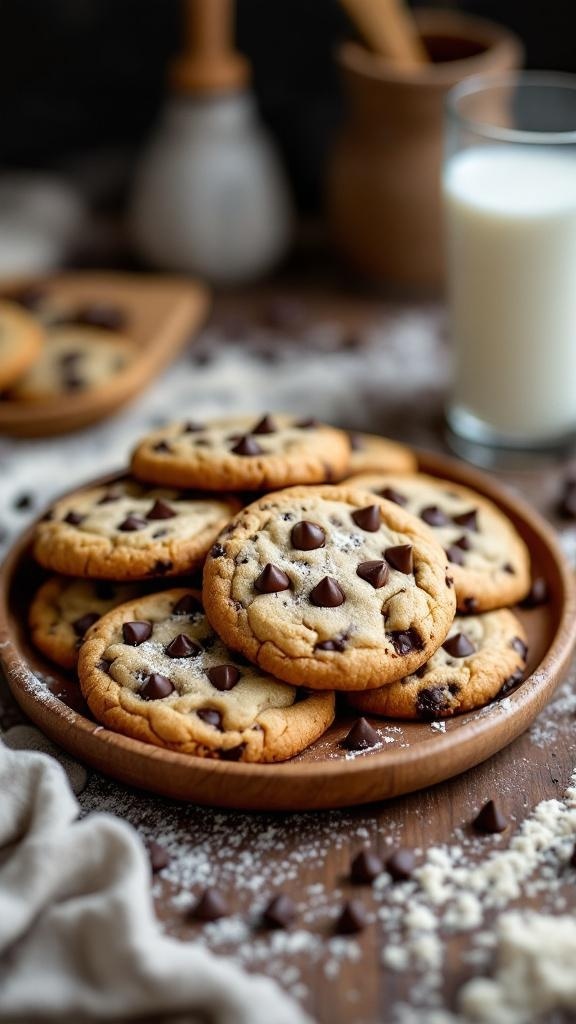 A plate of freshly baked sourdough chocolate chip cookies with chocolate chips on top, accompanied by a glass of milk.