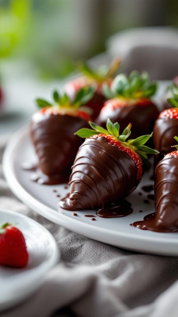 A plate of dark chocolate-dipped strawberries, beautifully arranged and ready to be enjoyed.