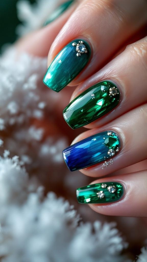 A close-up of winter nail design featuring deep jewel tones like green and blue with sparkly embellishments.