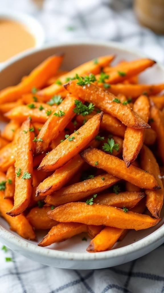 A bowl of crispy air-fryer sweet potato fries garnished with parsley.