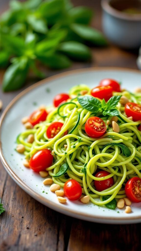A plate of zucchini noodles topped with pesto, cherry tomatoes, and pine nuts.