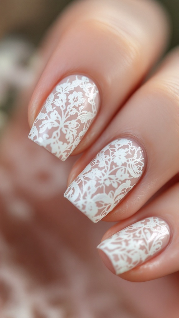 Nails featuring delicate white lace patterns on a light background