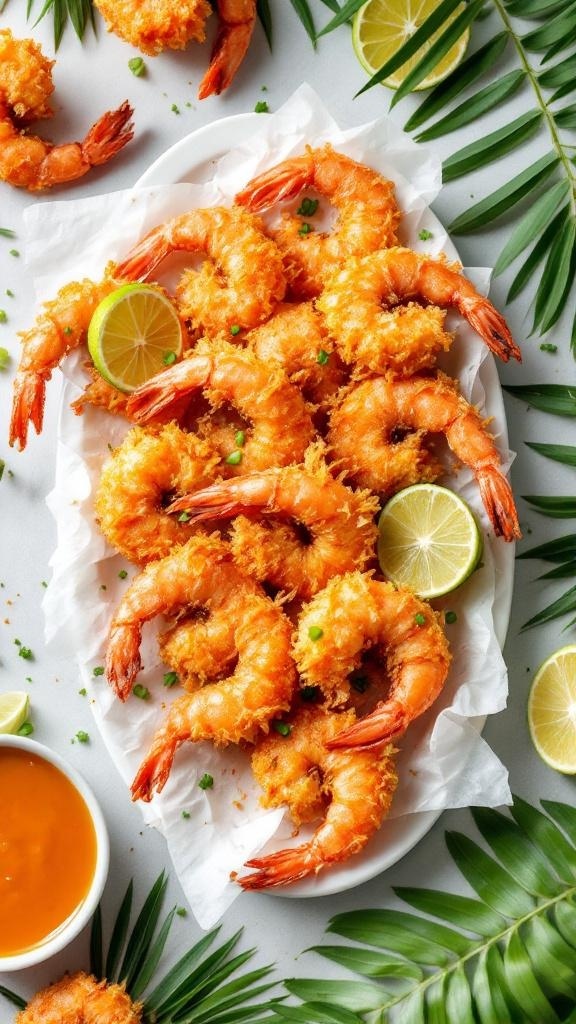 A platter of crispy air-fried coconut shrimp garnished with lime wedges and served with a dipping sauce.