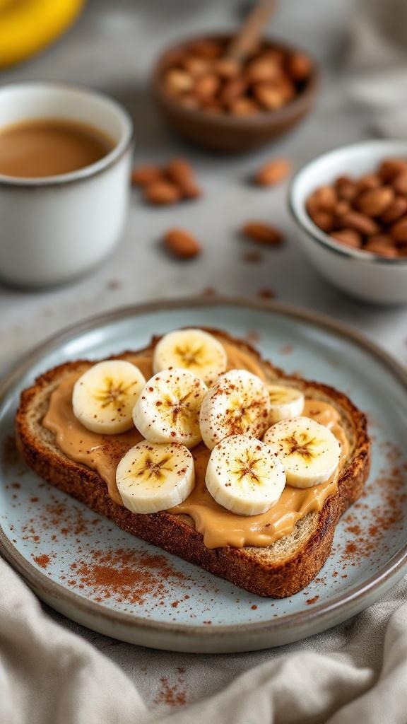 Almond butter toast topped with banana slices and sprinkled with cinnamon