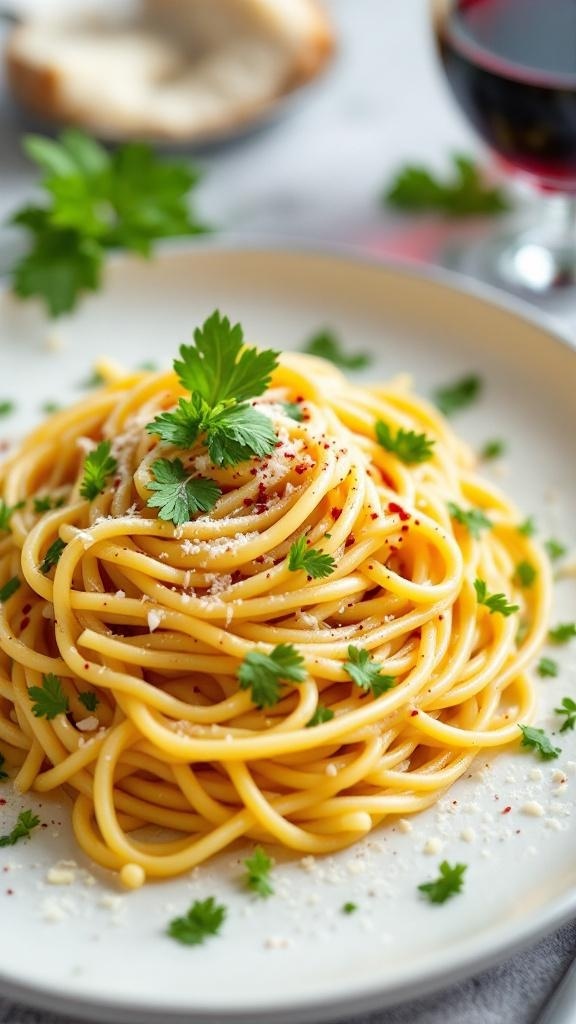 A plate of spaghetti topped with parsley and cheese, served with a glass of red wine.