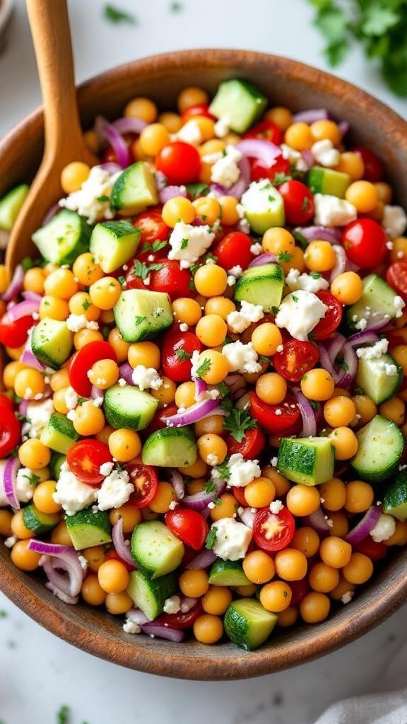 A colorful Mediterranean Chickpea Salad in a wooden bowl with a wooden spoon.