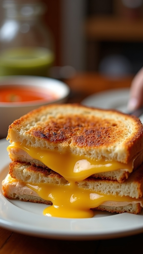 A delicious grilled cheese sandwich with melted cheese, served with a bowl of tomato soup.