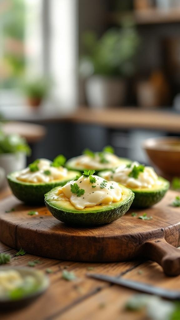 Avocado halves filled with cheese mixture, garnished with cilantro on a wooden board.