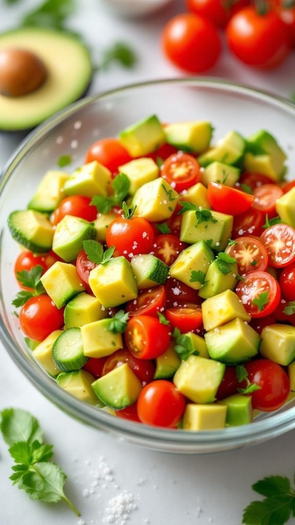 A colorful bowl of avocado, tomato, and cucumber salad