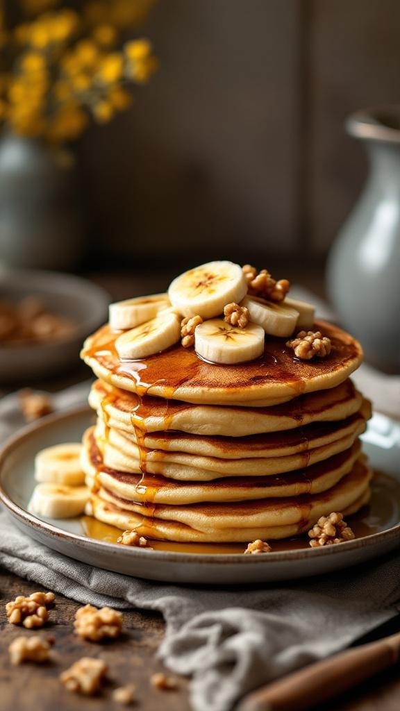 A stack of fluffy banana pancakes topped with banana slices and syrup.