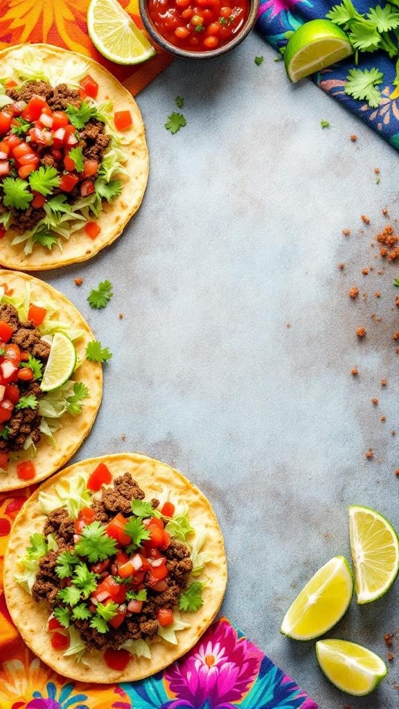 Three beef tostadas topped with lettuce, tomatoes, and cilantro on a colorful tablecloth.