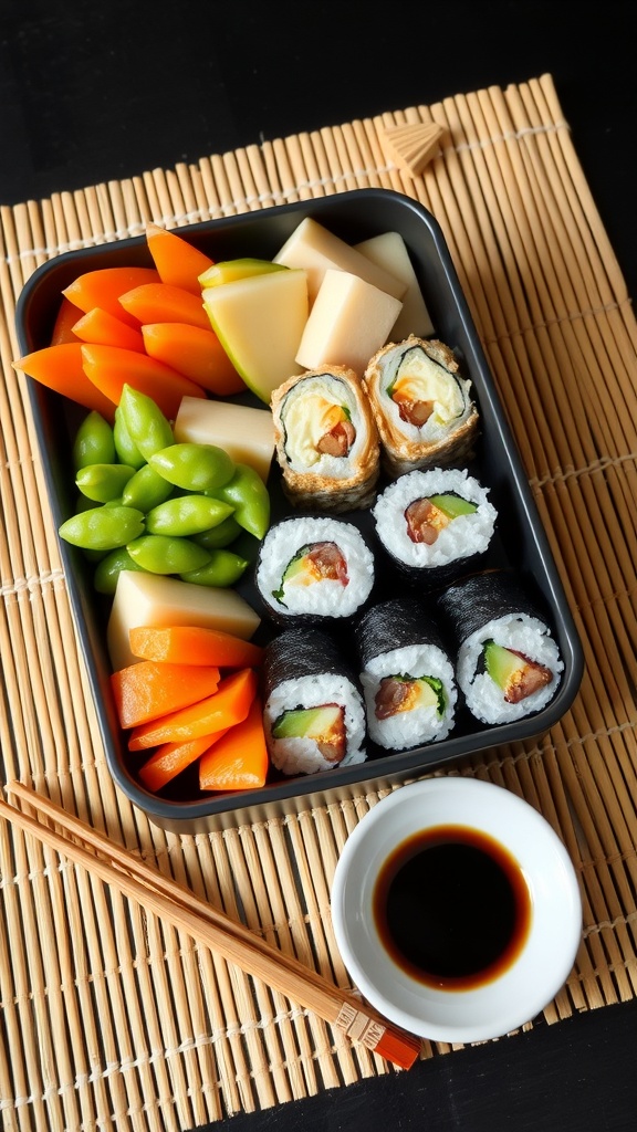 A colorful bento box filled with sushi rolls, fruits, and edamame.