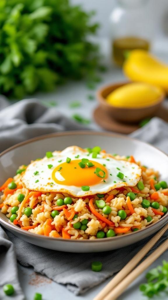 A bowl of cauliflower fried rice topped with a sunny-side-up egg and garnished with green onions.