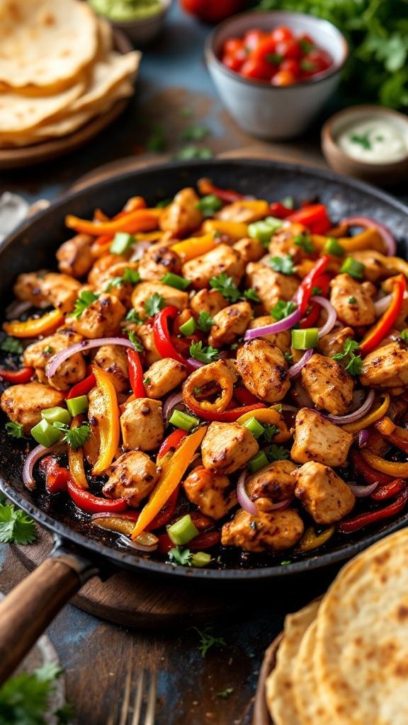 A colorful plate of chicken fajitas with peppers and onions, served with tortillas.