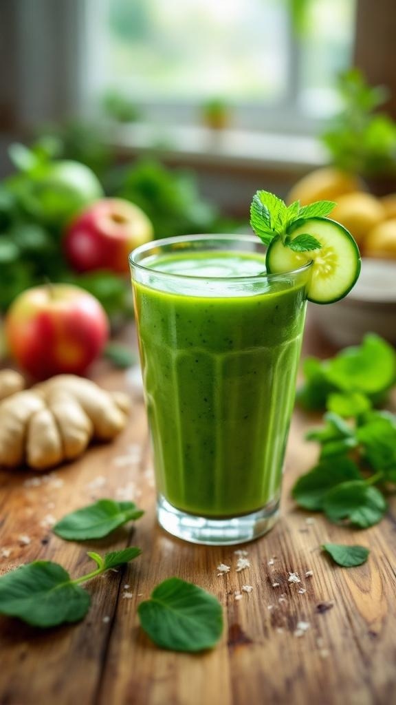 A refreshing green detox smoothie in a glass, garnished with mint and cucumber slices, surrounded by fresh fruits and greens.