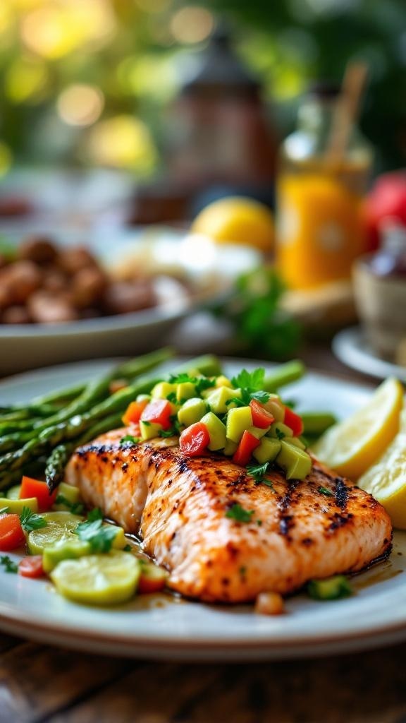 Grilled salmon fillet topped with avocado salsa, served with asparagus and lemon wedges