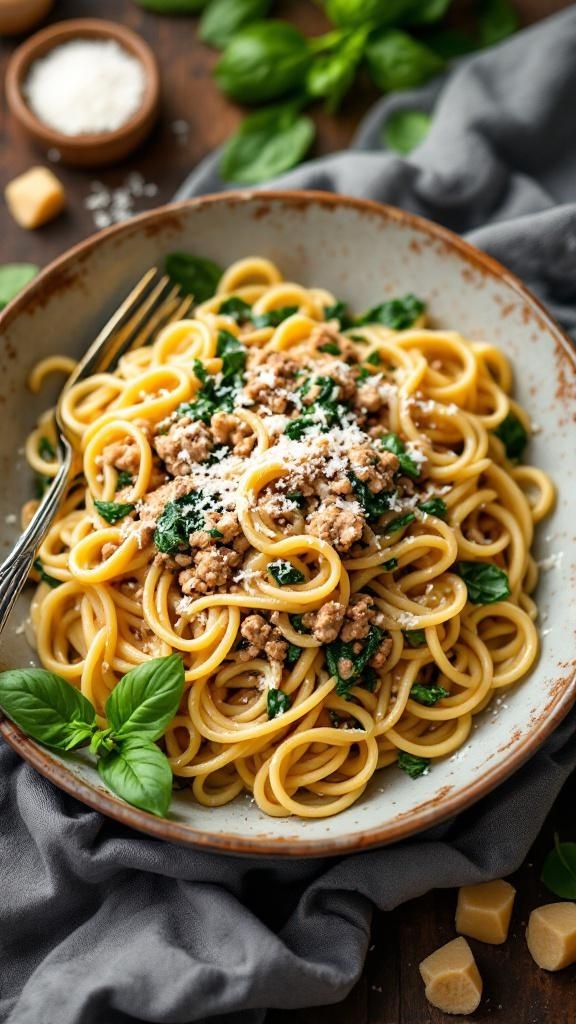 A bowl of ground turkey and spinach pasta topped with Parmesan cheese.
