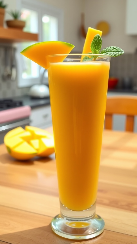 A vibrant glass of mango smoothie with fresh mango garnish on a sunny kitchen table.