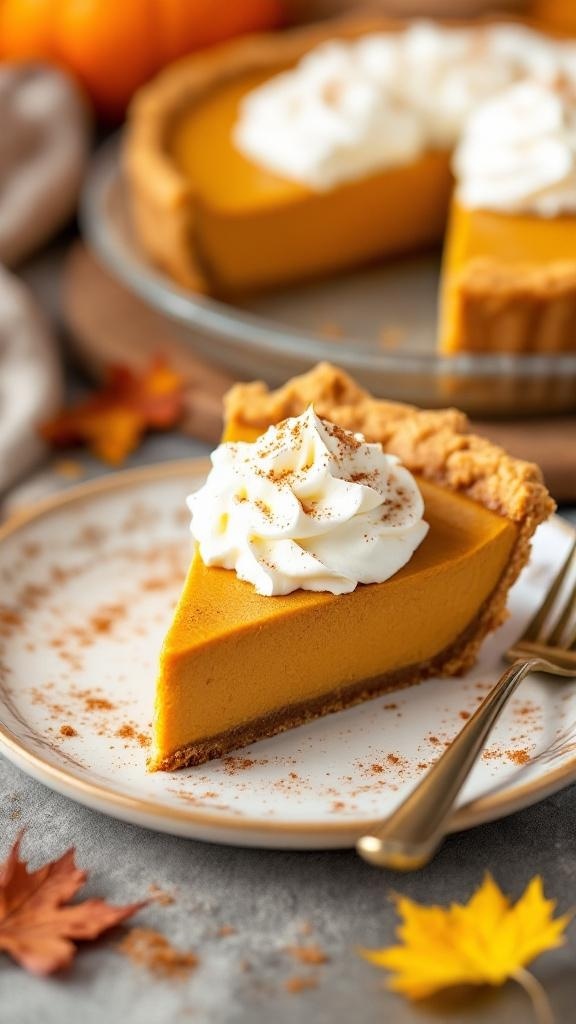 A slice of no bake pumpkin pie topped with whipped cream, served on a plate with autumn leaves in the background.