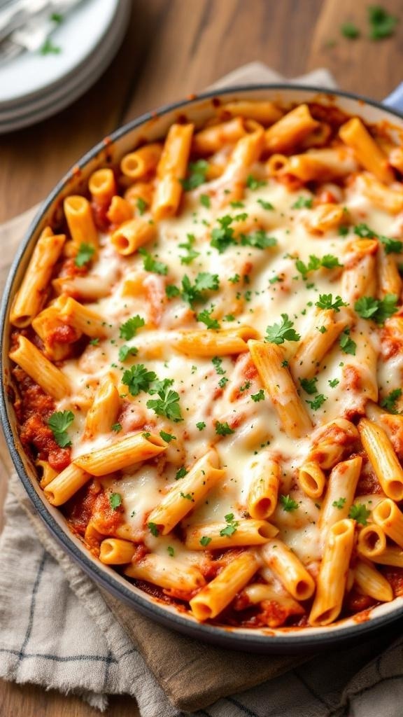 A delicious one-pot baked ziti with cheese, garnished with parsley.