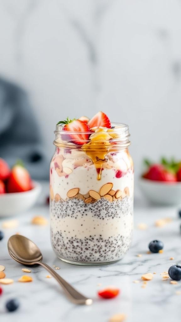 A jar of overnight oats layered with yogurt, chia seeds, and fresh fruits.