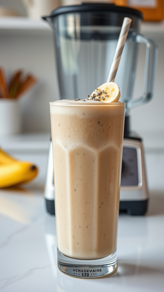 A delicious peanut butter banana smoothie in a glass with a straw, with a blender in the background.