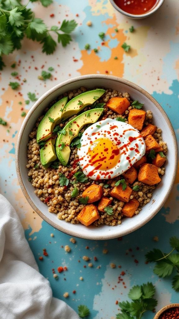 A colorful quinoa breakfast bowl with sweet potatoes, avocado, and a poached egg.