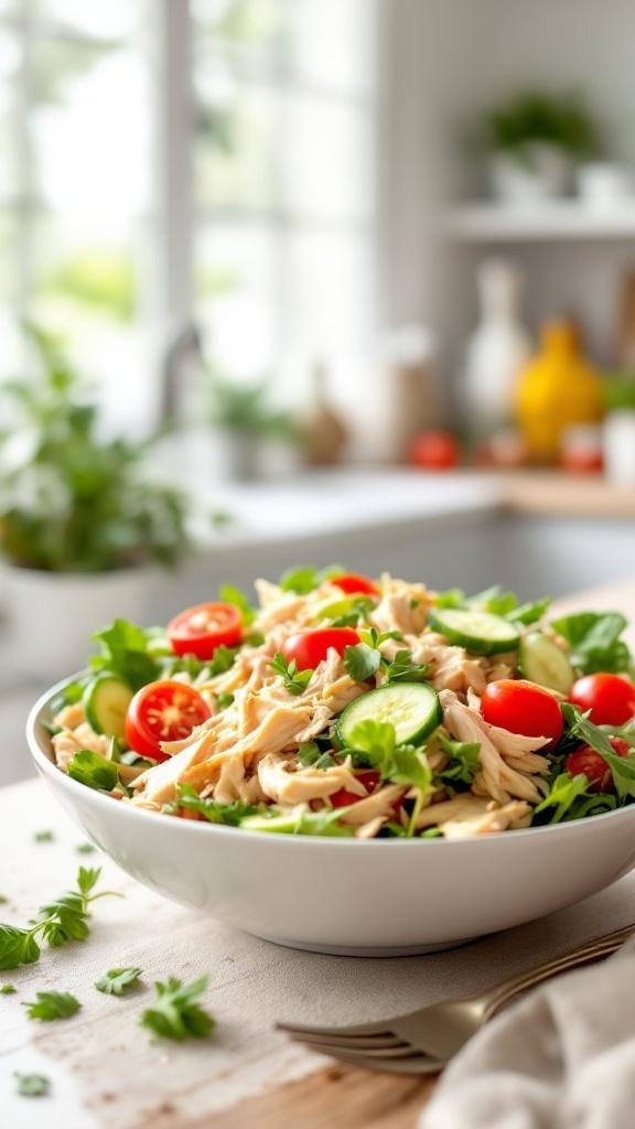 A bowl of shredded chicken salad with cherry tomatoes, cucumber, and fresh herbs.