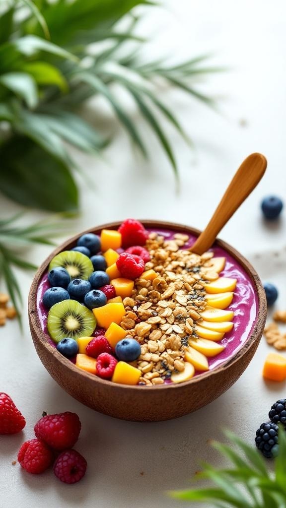 A colorful smoothie bowl topped with granola and fresh fruits.