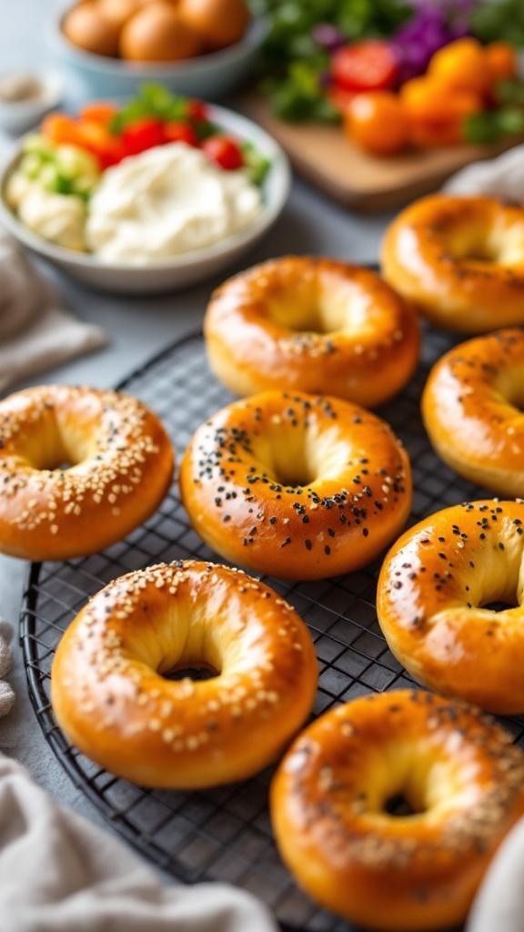 Freshly baked sourdough bagels on a cooling rack with toppings and vegetables in the background.