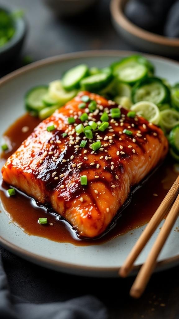 A plate of teriyaki salmon garnished with green onions and sesame seeds, served with cucumber slices.