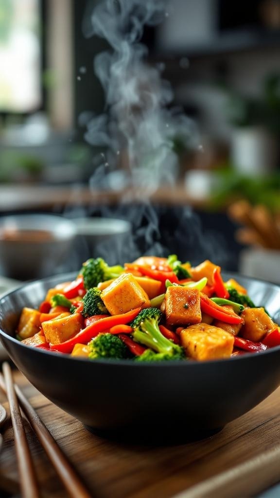 A steaming bowl of tofu stir-fry with mixed vegetables, including broccoli and red bell peppers.