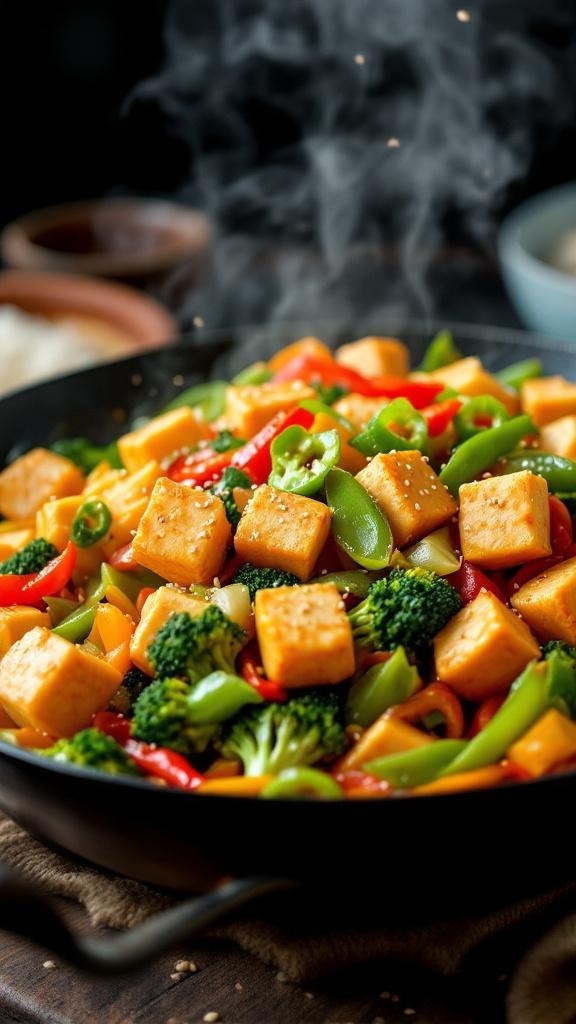 A colorful veggie stir-fry with tofu, featuring bright bell peppers, broccoli, and snap peas in a sizzling pan.