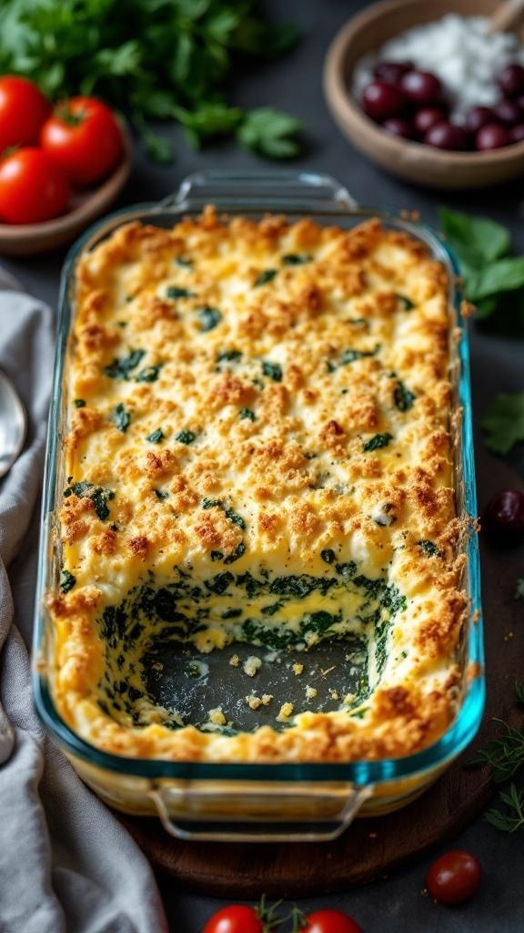 A deliciously creamy spinach and feta breakfast casserole in a glass baking dish.