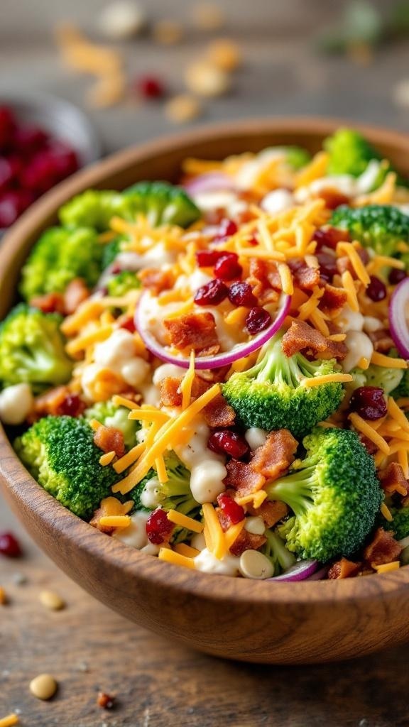 A bowl of broccoli salad with bacon, cheese, and cranberries.