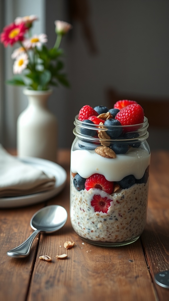 A jar of overnight oats layered with yogurt, berries, and nuts on a wooden table.