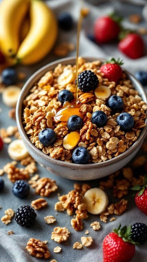 A bowl of homemade granola topped with fresh berries and honey.