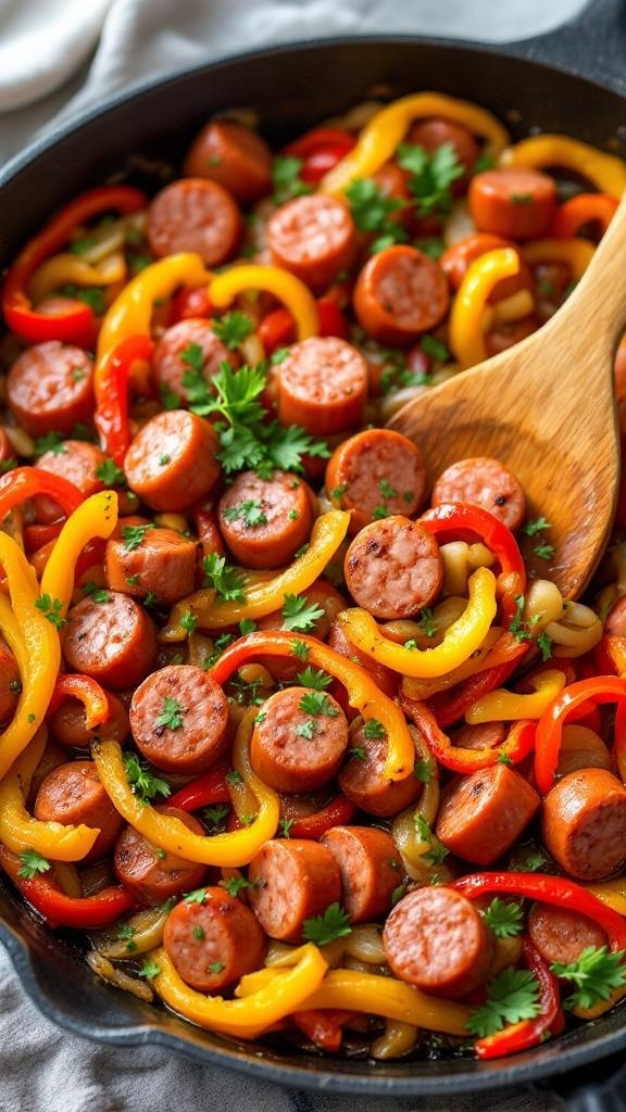 A colorful skillet filled with sliced Italian sausage, red and yellow bell peppers, and garnished with parsley.