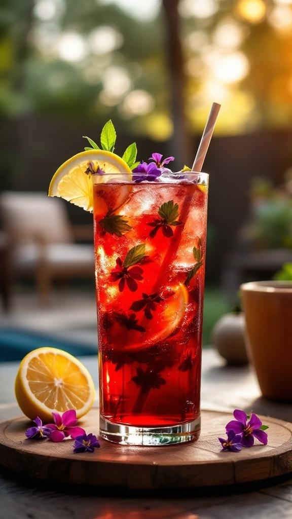 A refreshing glass of hibiscus iced tea garnished with lemon and mint