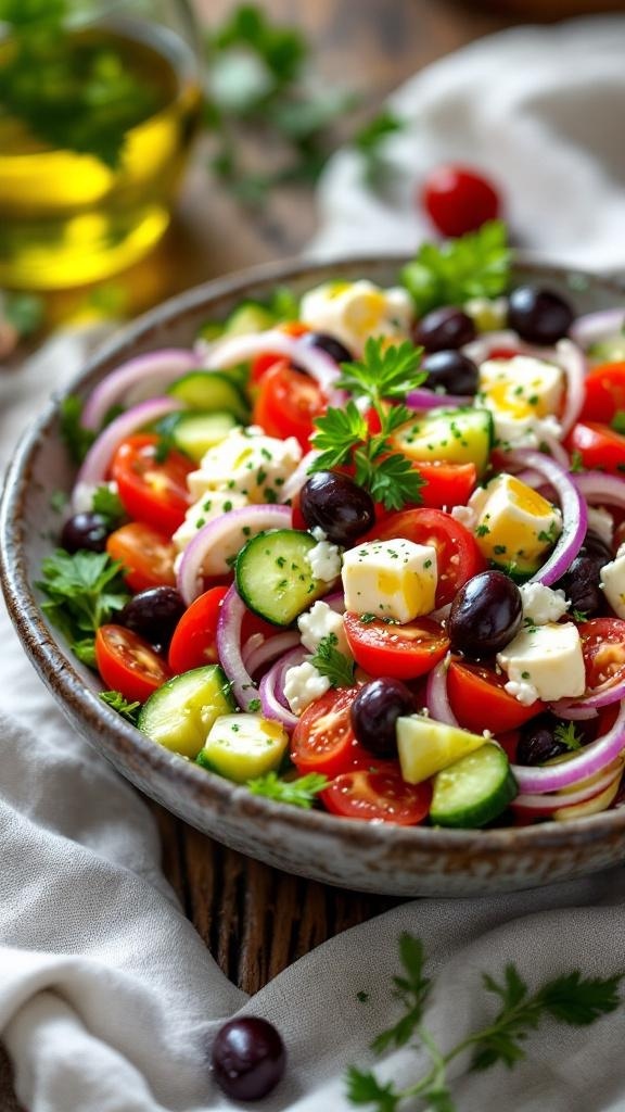 A vibrant Greek salad with tomatoes, cucumbers, red onion, olives, and feta cheese.
