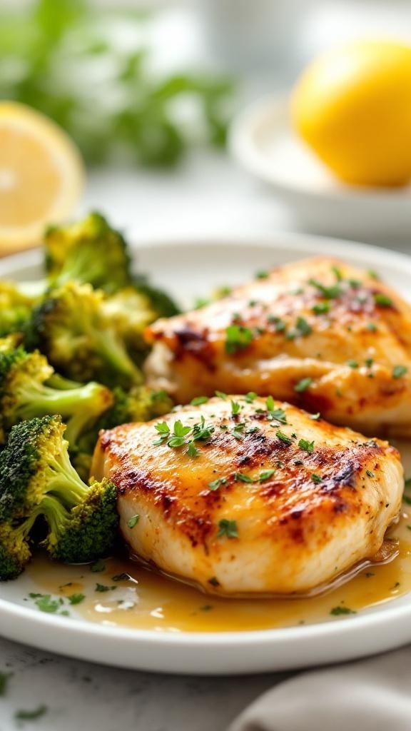A plate of zesty lemon herb chicken bake with broccoli