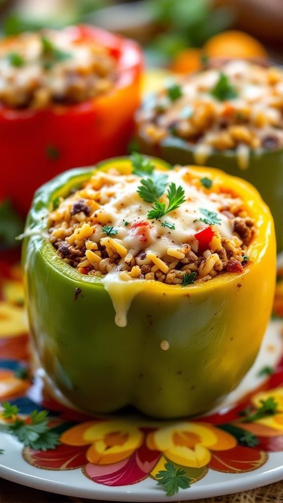 Mediterranean stuffed peppers filled with rice and meat, topped with cheese.