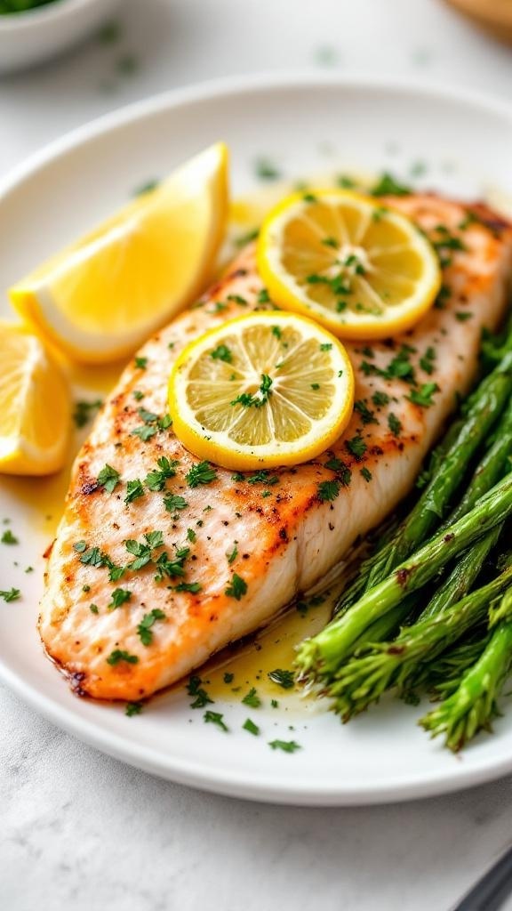 A plate of Mediterranean baked fish garnished with lemon slices and herbs, served with asparagus.